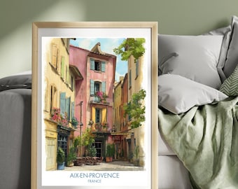Póster de Aix-en-Provence, Costa Azul, Sur de Francia, Impresión de viaje, Calles antiguas, Arte mural del casco antiguo, Arte paisajístico, Ilustración, Impresión