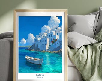 Paros Greece Travel Poster Print Cyclades Greek Wall Art Parikia Poster Aegean Sea Print Landscape Art Illustration Print