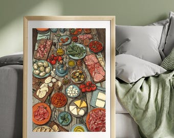 Antipasti Poster, Burrata Prosciutto & Olives, Italian Food Wall Art, Mediterranean Kitchen Decor, Italian Cuisine Artwork