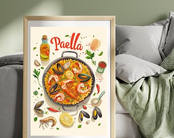 Paella Poster Seafood Paella Spain Travel Poster Paella de Marisco Food Print Spanish Food Cuisine Art Illustration