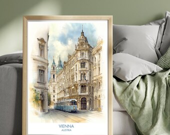 Affiche Vienne Autriche - art mural voyage en Europe, impression d'architecture historique, illustration de paysage urbain, monuments autrichiens, Vienne vintage