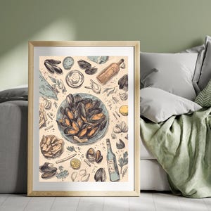 May include: A framed print featuring a detailed illustration of a seafood meal. The artwork includes a blue plate of mussels, a bottle of wine, lemons, garlic, and other culinary elements, all rendered in a sketched style with muted colors.