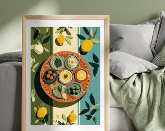 Meze Platter Poster Print Greece Travel Poster Chips Print Greek Horiatiki Food Wall Art Poster Greek Cuisine Print Art Illustration Print