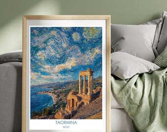 Taormina Italy Travel Poster Sicily Poster Teatro Antico di Taormina Print Italian Wall Art Landscape Art Illustration Print