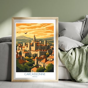 Póster de viaje de Carcassonne (sur de Francia), Castillo de La Cité, Calles antiguas, Arte mural del casco antiguo, Ilustración artística paisajística, Impresión
