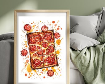 Detroit Style Pepperoni Pizza Print Travel Poster American Food Print Italian Art Illustration