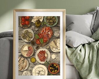 Antipasti Poster, Burrata Prosciutto & Olives, Italian Food Wall Art, Mediterranean Kitchen Decor, Italian Cuisine Artwork