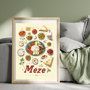 Meze Platter Poster Print Greece Travel Poster Chips Print Greek Horiatiki Food Wall Art Poster Greek Cuisine Print Art Illustration Print