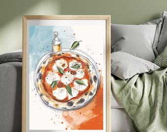 Impresión de pizza napolitana Póster de viaje de Nápoles Póster de pizza Impresión de comida italiana Ilustración de arte gastronómico de Italia