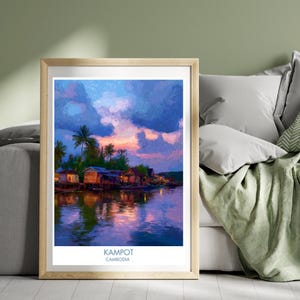 Kampot Cambodia Travel Poster River Palm Trees Arcadia Poster Landscape Wall Art Illustration Kampot Print