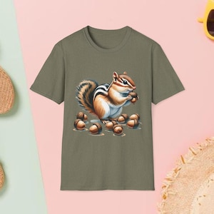 Niedliches Chipmunk Eichel Unisex T-Shirt, lustiges Tier T-Shirt, Geschenk für Naturliebhaber, perfekt für den Herbst, Freizeitkleidung, Chipmunk Eichhörnchen-Waldthema