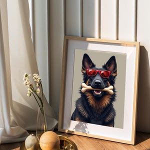 German Shepherd Wall Art – Funny Dog Portrait with Sunglasses and Bone, Cool Pet Poster for Dog Lovers, 2:3 Printable Digital Download