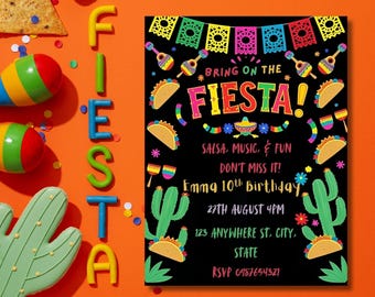 Fiesta Geburtstagseinladungsvorlage, Mexikanische Fiesta Party einladen, Cinco de Mayo Einladung, bearbeitbare Fiesta einladen, Bunte Geburtstagseinladung