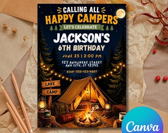 Camping Birthday Invitation, Editable Happy Camper Invite Template, Printable Woodland Party, Instant Download Canva Template, DIY Invite