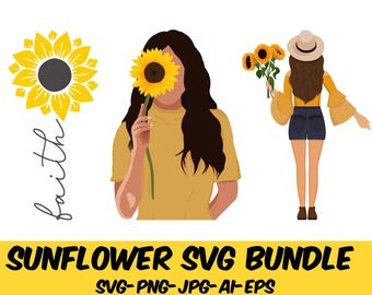 Sunflower SVG Bundle, Boho Sunflowers Clipart (3 Designs)