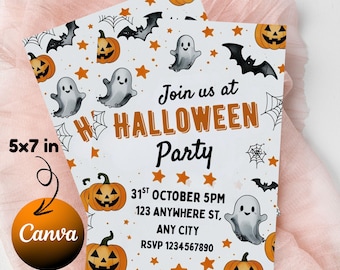 Editable Halloween Birthday Party Invitation: Spooky Pumpkin, Bat & Ghost Design