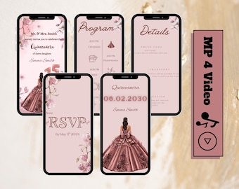 Pink Floral Quinceañera Video Invitation: Sweet 15/16 (MP4 Digital Download, Canva Template)