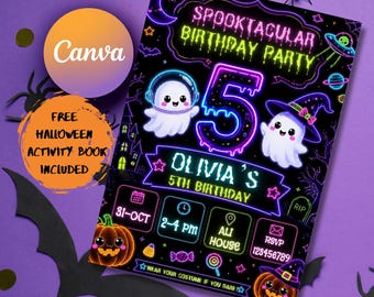 Editable Neon Halloween Birthday Invitation, Halloween Invitation Kids, Halloween Birthday, Halloween Spooky Party Invite, HL 13