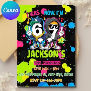 May include: A black birthday invitation featuring cartoon figures representing the numbers 6 and 7. The invitation includes the text "I WAS, NOW I'M", "JACKSON'S 7th Birthday", and event details, with a vibrant, colourful design.
