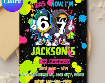 Inbjudan till födelsedag "Jag var 6, nu är jag 7", 7-årsdagsinbjudan för pojke, graffitibarnfest, redigerbar canvasmall, digital nedladdning