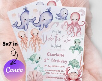 Invitación de cumpleaños bajo el mar, animales marinos (plantilla editable)