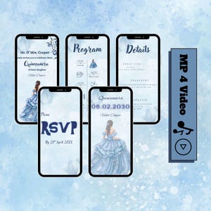 Blue Quinceañera Invitation with Digital Video Invite & Music MP4 Download  Elegant 15th Birthday Invite
