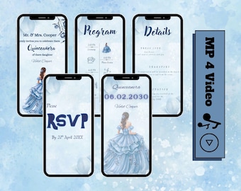 Blue Quinceañera Video Invitation, Elegant 15th Birthday (MP4 Download)