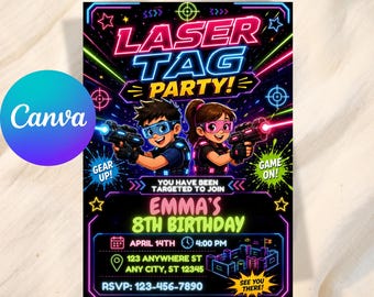 NEON Laser Tag Party Invitation,Glow laser tag birthday,Birthday Party Invite,Laser Party,Laser Tag Birthday,Arcade birthday