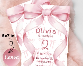 Editable Coquette Pink Bow Birthday Invitation (5x7, Canva)