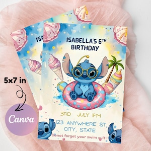 Stitch Pool Party-Geburtstagseinladung für Mädchen, Sommer-Strand-Geburtstag, bearbeitbare Stitch und Angel Pool-Einladung, Canva Sofort-Download.