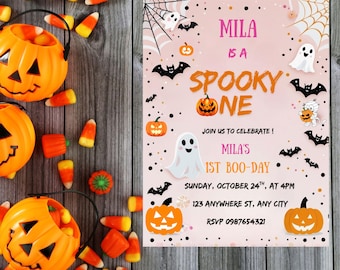 Pink Ghost 1st Birthday Invitation: Spooky One Halloween Theme (Canva Template)