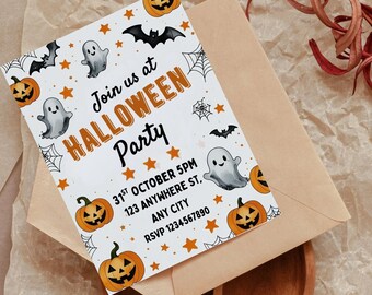 Editable Halloween Birthday Party Invitation: Spooky Pumpkin, Bat & Ghost Design