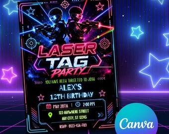 Laser Tag Birthday Invitation, Neon Glow Party (Editable, Instant Download)