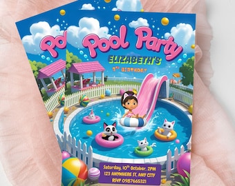 Inbjudan till poolparty med dockhusmotiv | Redigerbar födelsedagsmall (Canva)