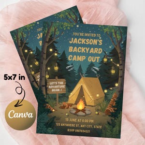 May include: Two 12.7 x 17.8 cm invitations with a camping theme. The design features a tent, campfire, and forest scene under a starry night sky. Text includes "You're Invited to Jackson's Backyard Camp Out" and event details.