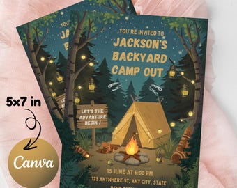 Camping Birthday Invitation | Backyard Camp Out, Smores Party (5x7 in)