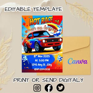 Plantilla de invitación de cumpleaños de autos calientes editable, descarga digital, invitación a fiesta de carreras para niños, tarjeta de invitación de auto de carreras imprimible.