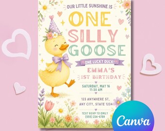 One Silly Goose 1st Birthday Invitation, Silly Goose Birthday Invitation, Goose Theme Party Invite, Girls First Birthday, Digital Download