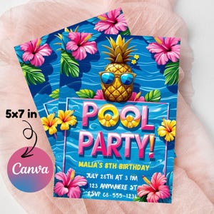 以下が含まれることがあります： 2 つの 12.7 x 17.8 cm のプールパーティー招待状。招待状は、サングラスをかけたパイナップル、ピンクのハイビスカスの花、そして「POOL PARTY！」の文字が描かれた青色の背景が特徴です。招待状にはパーティーの詳細が含まれています。
