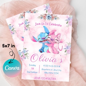 Stitch and Angel Birthday Invitation: Editable Digital Party Invite (5x7in, PDF/JPEG Downloadable Template)