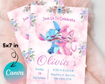 Stitch and Angel Birthday Invitation: Editable Digital Party Invite (5x7in, PDF/JPEG Downloadable Template)