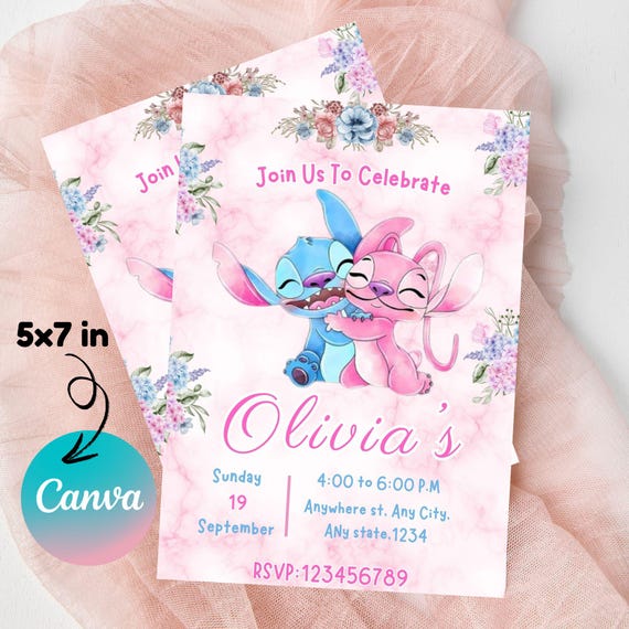 Stitch and Angel Birthday Invitation: Editable Digital Party Invite (5x7in, PDF/JPEG Downloadable Template)
