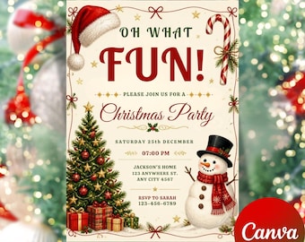 Christmas Party Invitation Template Kids Holiday Santa Hat Oh What Fun Invite Christmas Birthday Canva Digital download CP93