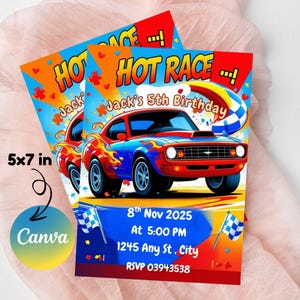 Editable Hot Cars Birthday Invitation Template Digital Download Race Party Invite for Boys, Printable Racing Car Invite Card.
