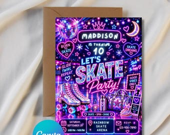 Ice Skate Birthday Invitation Template, Neon Party Invite, Girls Any Age Mobile Evite, Editable Digital Download, Printable Winter Rink Card