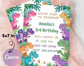 May include: Two 5x7 inch dinosaur-themed birthday invitations. The invitations feature colorful cartoon dinosaurs, green foliage, and the text "Stomp Over to Celebrate Amellia's 3rd Birthday". The Canva logo is visible.