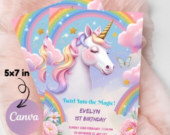 Pode incluir: Dois convites de 12,7 x 17,8 cm com um design de unicórnio. Os convites apresentam um unicórnio com um chifre dourado, crina arco-íris e um arco-íris no fundo. O texto inclui "Twirl Into the Magic!" e detalhes do evento. O logotipo Canva é visível.