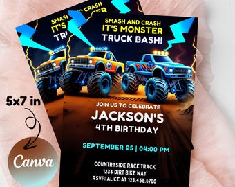 Monster Truck Birthday Invitation, Editable Template (5x7")