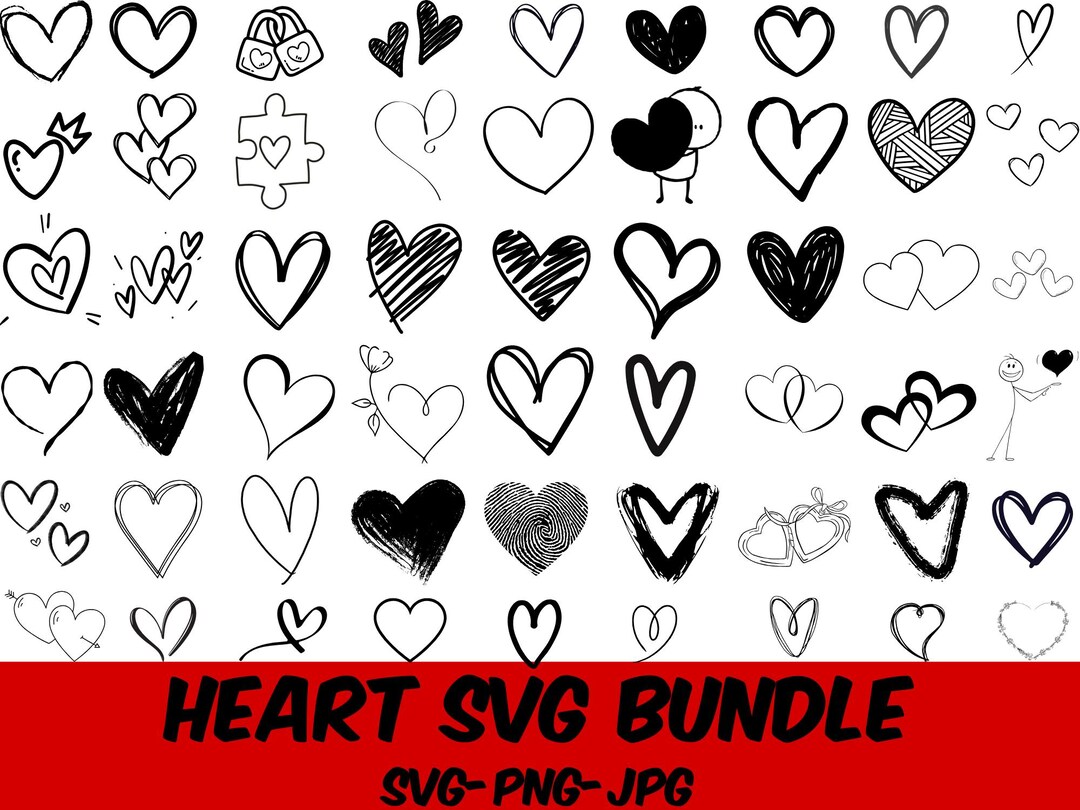 Hand Drawn Heart SVG Bundle, Doodle Sketch, Love Valentine (png, Dxf ...