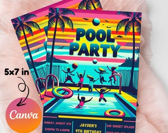 Tropische Pool-Party Einladung, Sommer-Schwimmen-Geburtstag (editierbar, Sofort-Download)